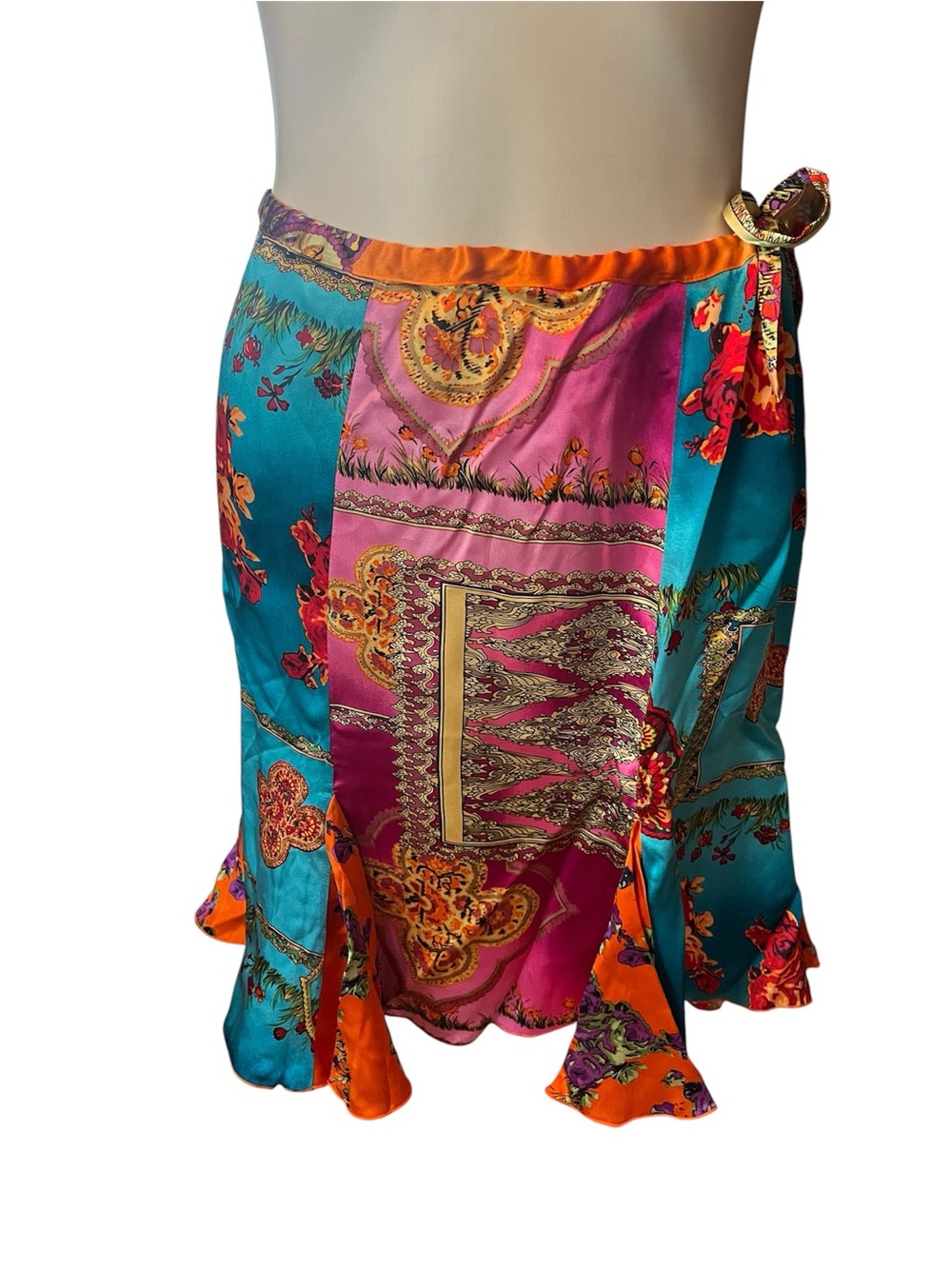 Single Vibrant Silk Teal, Pink & Orange skirt with side tie Sz 4